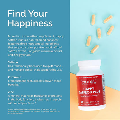 BrainMD Dr Amen Happy Saffron Plus - 90 Capsules, Pack of 2 - With Saffron Flower Extract, Curcumin & Zinc - Vegan, Gluten Free - 60 Total Servings